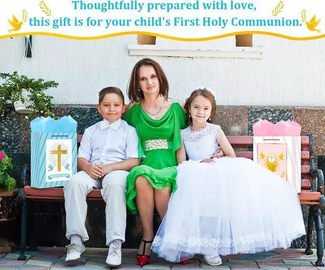 Alt view image 4 of 7 - BIZIBAFF First Communion Gifts Bag for Boys Girls - 13" Baptism Gifts Bag with Tissue Paper Easter Religious Christian Gift Bag Christenings Confirmations Gifts for Baby Boys Girls
