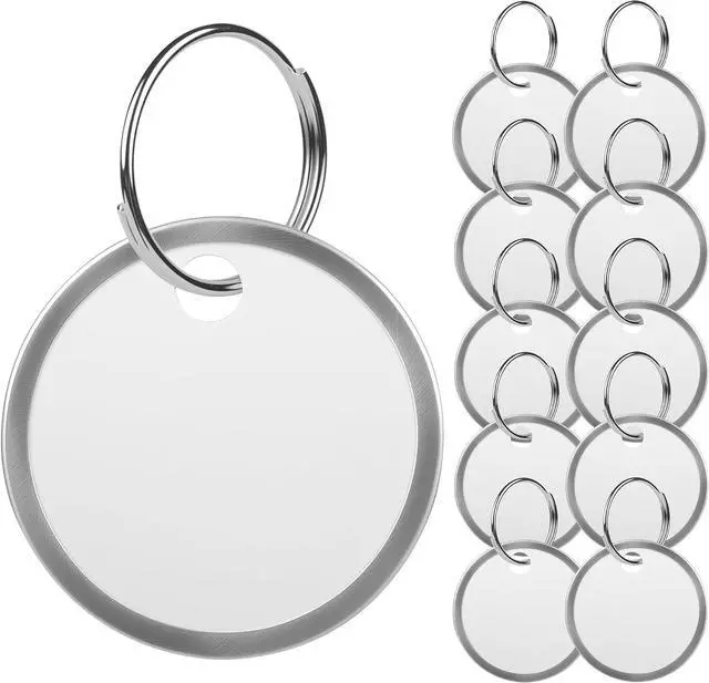 Main image of Key Tags Labels with Ring - 10 Pack Metal Rim Key Chain ID Tags/Identifiers with White Writable Round Paper Labels for Name, Luggage, Bags, Backpack, 1 Inches