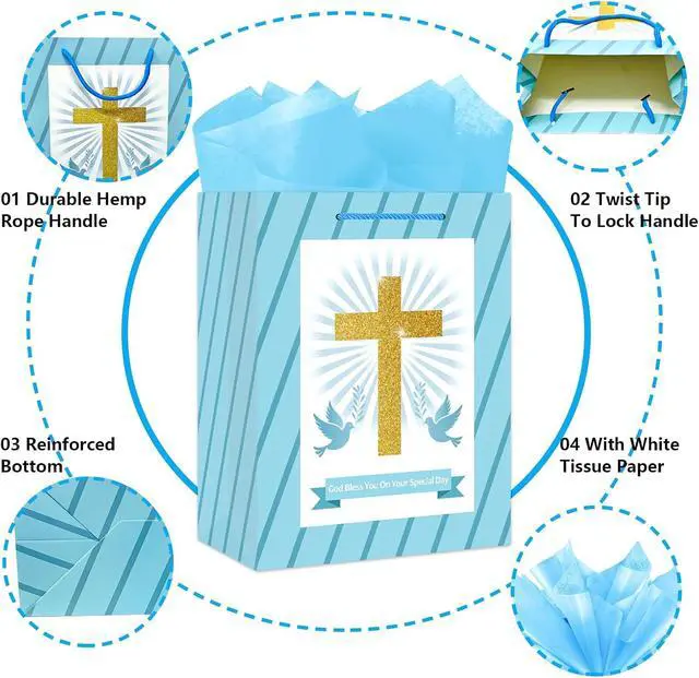 Alt view image 6 of 7 - BIZIBAFF First Communion Gifts Bag for Boys Girls - 13" Baptism Gifts Bag with Tissue Paper Easter Religious Christian Gift Bag Christenings Confirmations Gifts for Baby Boys Girls