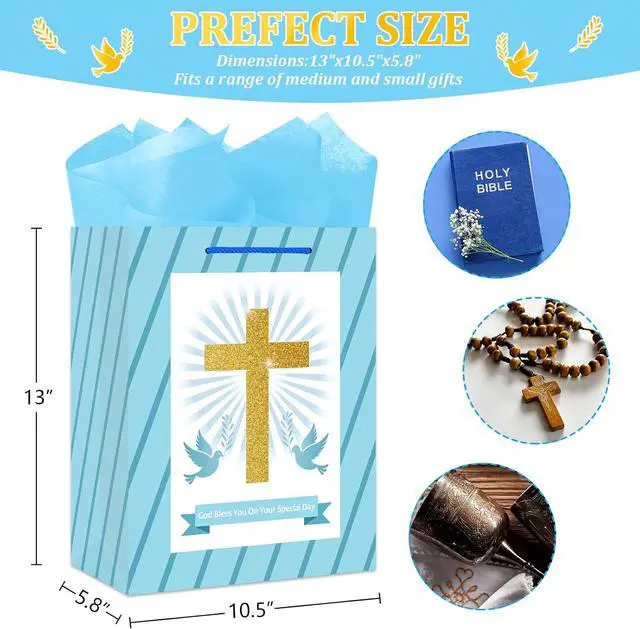 Alt view image 7 of 7 - BIZIBAFF First Communion Gifts Bag for Boys Girls - 13" Baptism Gifts Bag with Tissue Paper Easter Religious Christian Gift Bag Christenings Confirmations Gifts for Baby Boys Girls