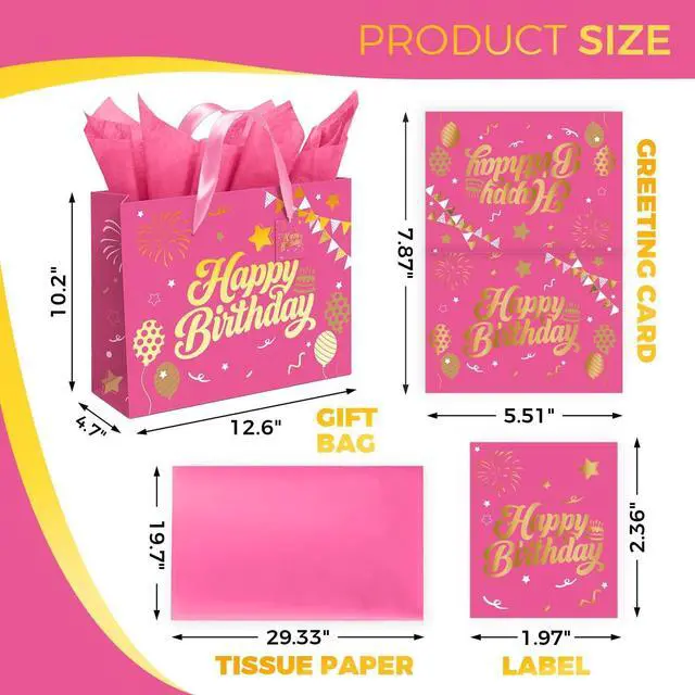 Alt view image 3 of 6 - Sipthene 13 Pink Birthday Gift Bag with Tissue Paper and Greeting Card