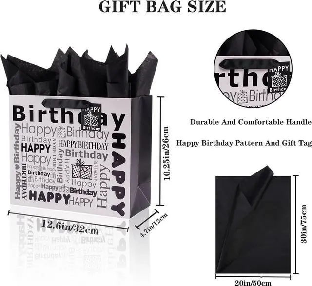Alt view image 2 of 7 - JWSCYSY 1Pcs White and Black Large Gift Bags with Tissue Paper, Happy Bithday Gift Bag for Men Women Birthday - 12.6" x 10.25" x 4.7".