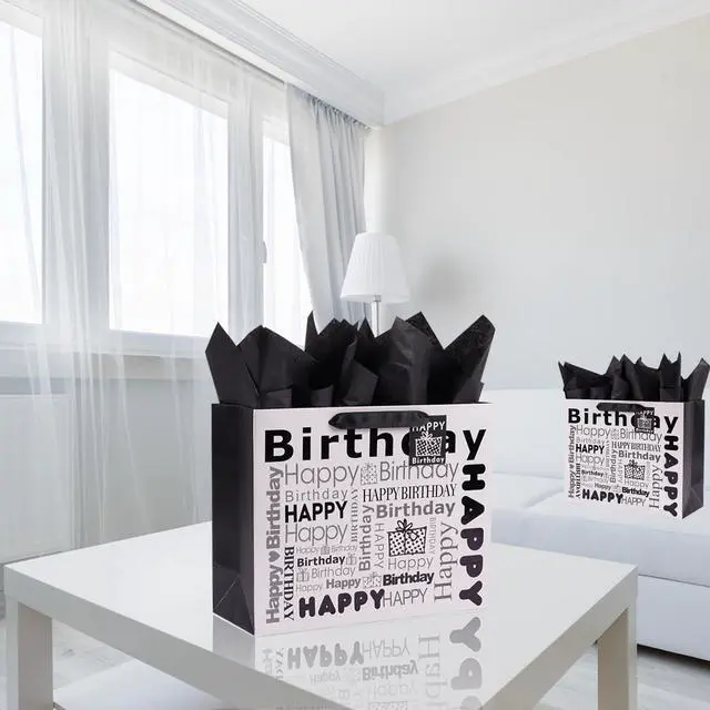 Alt view image 3 of 7 - JWSCYSY 1Pcs White and Black Large Gift Bags with Tissue Paper, Happy Bithday Gift Bag for Men Women Birthday - 12.6" x 10.25" x 4.7".