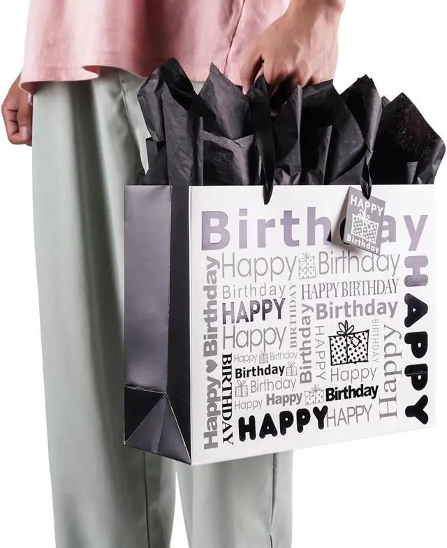 Alt view image 7 of 7 - JWSCYSY 1Pcs White and Black Large Gift Bags with Tissue Paper, Happy Bithday Gift Bag for Men Women Birthday - 12.6" x 10.25" x 4.7".