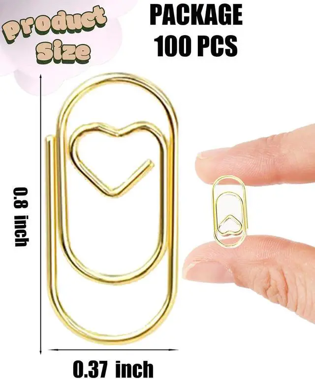 Alt view image 2 of 7 - 100 Pack Gold Love Heart Shaped Paper Clips, 0.8inch Small Paper Clips for Funny, Small Mini Paperclips Paper Clamps for Office School Home Desk Organizers