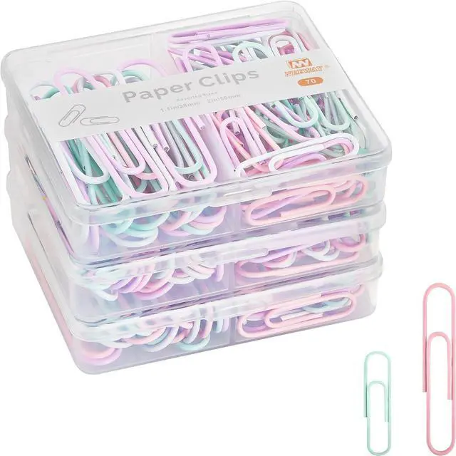 Main image of NEEWAY Colorful Paper Clips Assorted Sizes, Small and Large Paperclips, 210 Count, 3 Pack of 70 (Light Multicolor)