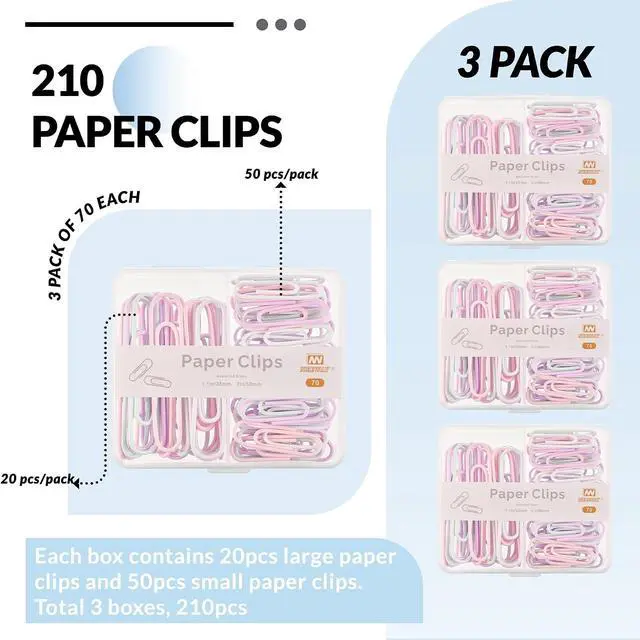Alt view image 3 of 6 - NEEWAY Colorful Paper Clips Assorted Sizes, Small and Large Paperclips, 210 Count, 3 Pack of 70 (Light Multicolor)