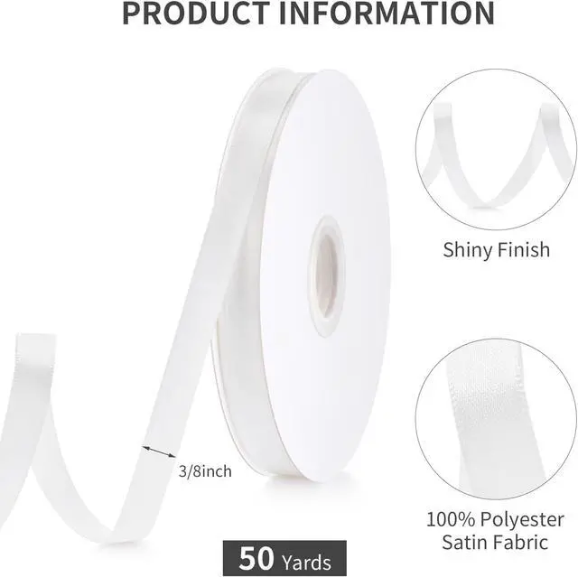 Alt view image 2 of 4 - White Ribbon 3/8", Ribbon for Gift Wrapping Flower Bouquet Crafts Bow Leis Hair, Satin Fabric Ribbons for Bridal Wedding Party Decoration Every Holiday 50 Yards