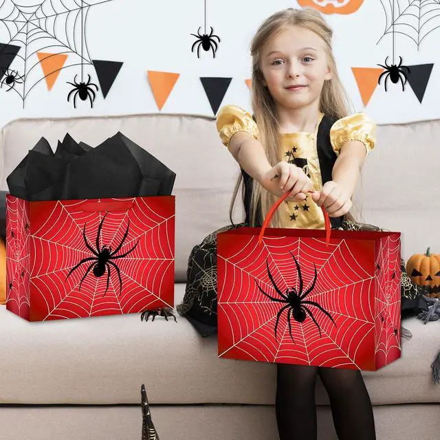 Alt view image 3 of 7 - Hooqict Spider Birthday Gift Bag with Handles, Wrapping Paper, Greeting Card for Boys Kids Men Goodie Treat Party Gift Box Black Red Spider Web Birthday Decorations Halloween Bag