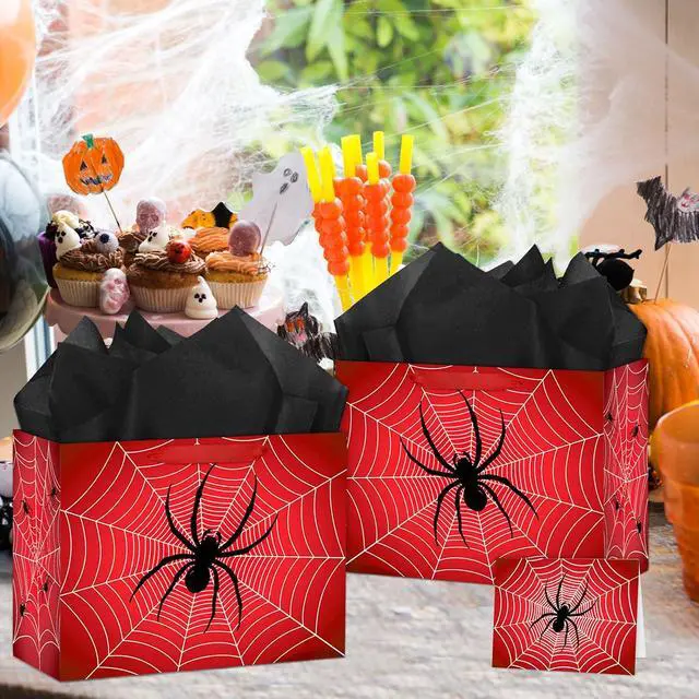 Alt view image 4 of 7 - Hooqict Spider Birthday Gift Bag with Handles, Wrapping Paper, Greeting Card for Boys Kids Men Goodie Treat Party Gift Box Black Red Spider Web Birthday Decorations Halloween Bag