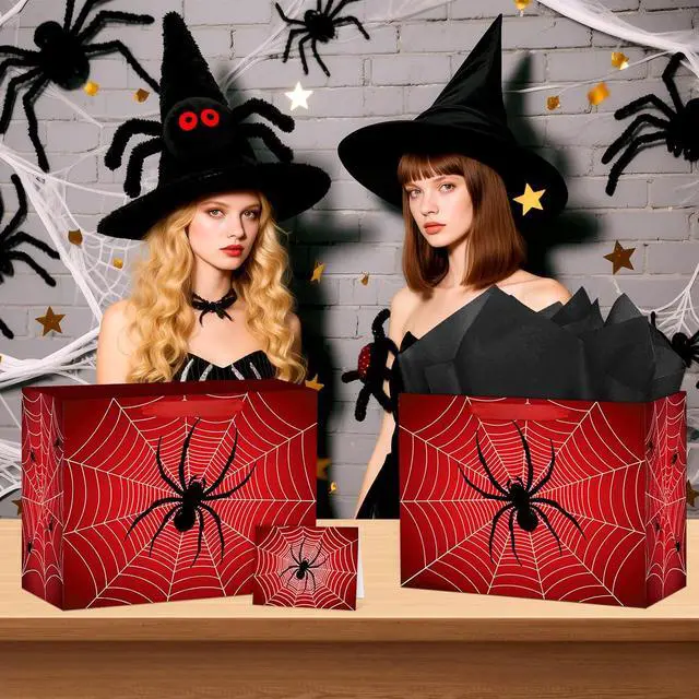 Alt view image 5 of 7 - Hooqict Spider Birthday Gift Bag with Handles, Wrapping Paper, Greeting Card for Boys Kids Men Goodie Treat Party Gift Box Black Red Spider Web Birthday Decorations Halloween Bag