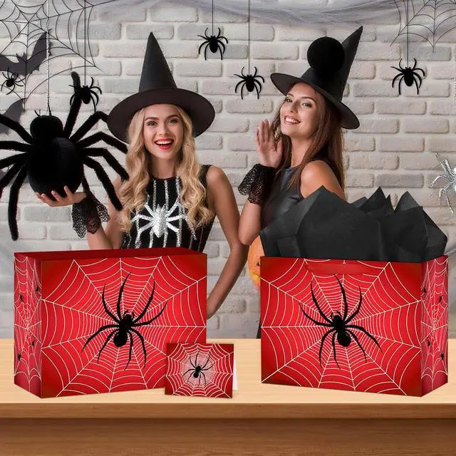 Alt view image 6 of 7 - Hooqict Spider Birthday Gift Bag with Handles, Wrapping Paper, Greeting Card for Boys Kids Men Goodie Treat Party Gift Box Black Red Spider Web Birthday Decorations Halloween Bag