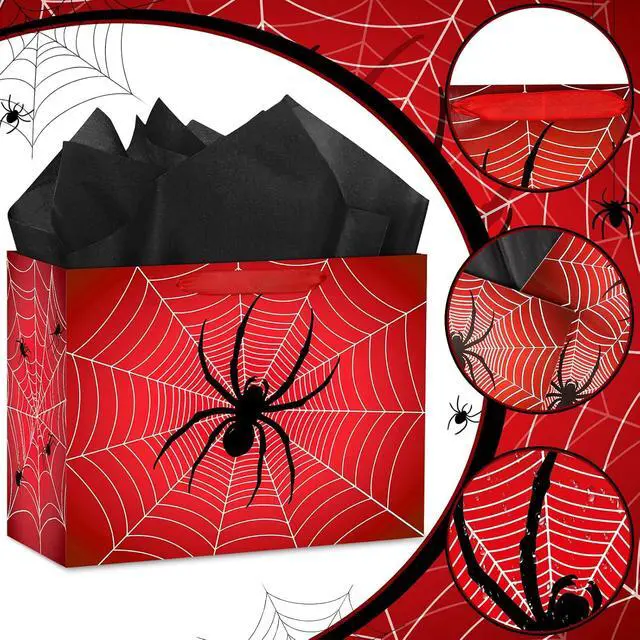 Alt view image 7 of 7 - Hooqict Spider Birthday Gift Bag with Handles, Wrapping Paper, Greeting Card for Boys Kids Men Goodie Treat Party Gift Box Black Red Spider Web Birthday Decorations Halloween Bag