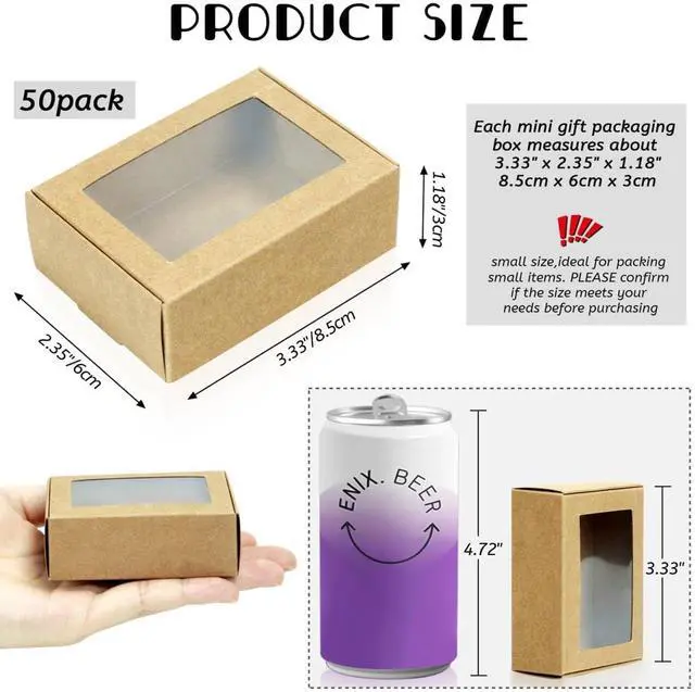 Alt view image 2 of 7 - BadenBach 50 Pack Mini Kraft Boxes with Clear Window, 3.3"x2.3"x1.2", Brown