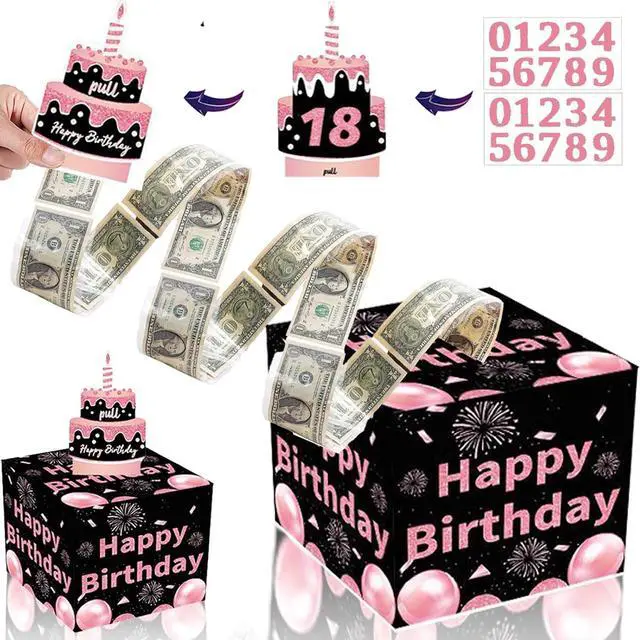 Main image of Rxwstt Birthday Money Box for Cash, Money Roll Gift Box for Cake Pull Out Kit with Cards Money as Money Bouquet, Surprise Birthday Money Pull Box Explosion for All Age Group with Instruction Book