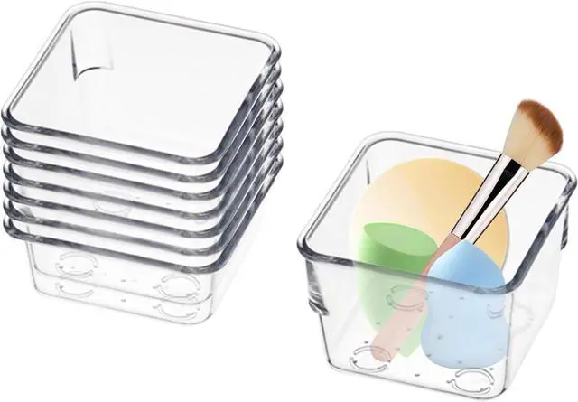 Main image of 8 PCS Stackable Clear Drawer Organizers 3" x 3" x 2" Square Trays Small Makeup Vanity Storage Bins Clear Desk Drawer Organization Container Dividers for Office Bathroom Kitchen Utensil
