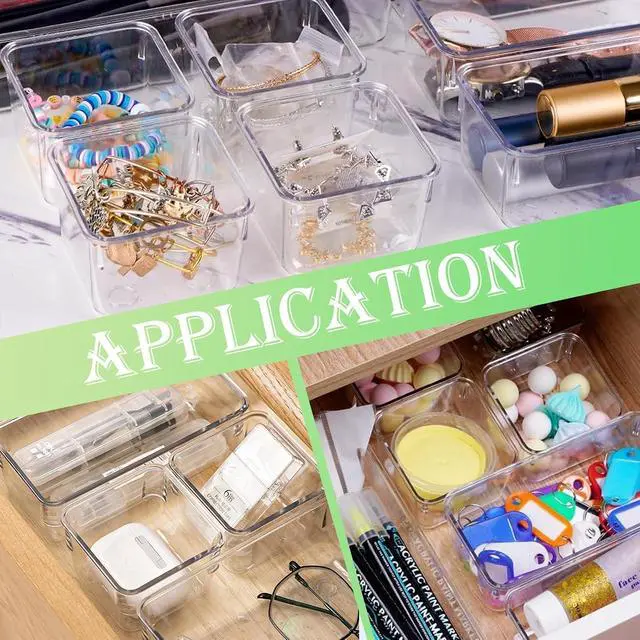 Alt view image 4 of 6 - 8 PCS Stackable Clear Drawer Organizers 3" x 3" x 2" Square Trays Small Makeup Vanity Storage Bins Clear Desk Drawer Organization Container Dividers for Office Bathroom Kitchen Utensil