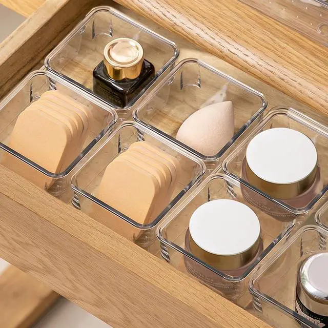 Alt view image 5 of 6 - 8 PCS Stackable Clear Drawer Organizers 3" x 3" x 2" Square Trays Small Makeup Vanity Storage Bins Clear Desk Drawer Organization Container Dividers for Office Bathroom Kitchen Utensil