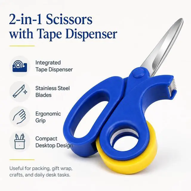 Alt view image 2 of 7 - 2-in-1 Scissors & Integrated Clear Sticky Tape Dispenser Cutter Desktop Tape Dispenser for Gift Wrapping, Multi-Purpose Scissor with Tape for Office, School, and Home Use (1Pcs)