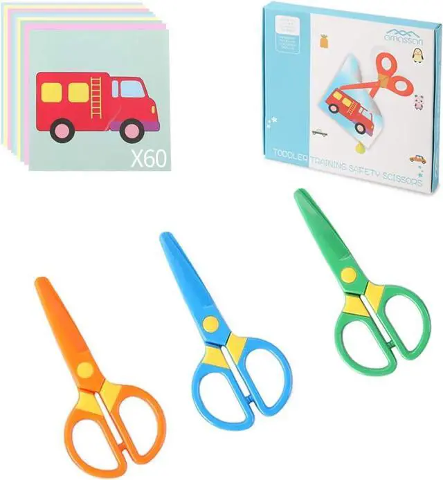 Main image of Toddler Safety Scissors, 3-Pack with 60 Craft Paper Sheets for Kids