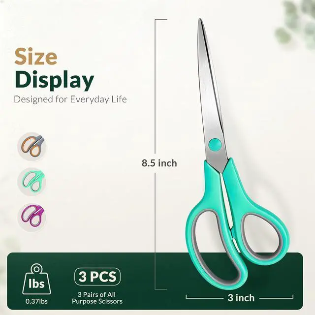 Alt view image 2 of 7 - Scissors 8.5 Inch scissors all purpose for Office, Home, Sewing,and Crafts,Soft Comfort-Grip Right/Left Hand 3-Pack, Multicolor