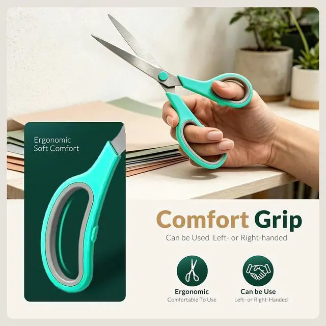Alt view image 4 of 7 - Scissors 8.5 Inch scissors all purpose for Office, Home, Sewing,and Crafts,Soft Comfort-Grip Right/Left Hand 3-Pack, Multicolor