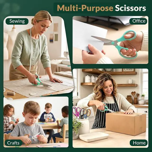 Alt view image 7 of 7 - Scissors 8.5 Inch scissors all purpose for Office, Home, Sewing,and Crafts,Soft Comfort-Grip Right/Left Hand 3-Pack, Multicolor