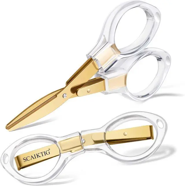 Main image of SCAIKTIG 3.8 Folding Travel Scissors Set (2 Pcs), Safety Small Mini Foldable Scissors All Purpos, Clear Acrylic Comfort-Grip Handles, Gold Titanium Coated Blades for Craft, Sewing, Office Desk, Nurse