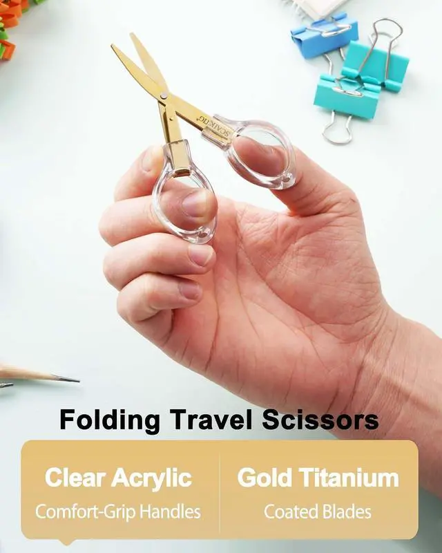 Alt view image 2 of 7 - SCAIKTIG 3.8 Folding Travel Scissors Set (2 Pcs), Safety Small Mini Foldable Scissors All Purpos, Clear Acrylic Comfort-Grip Handles, Gold Titanium Coated Blades for Craft, Sewing, Office Desk, Nurse