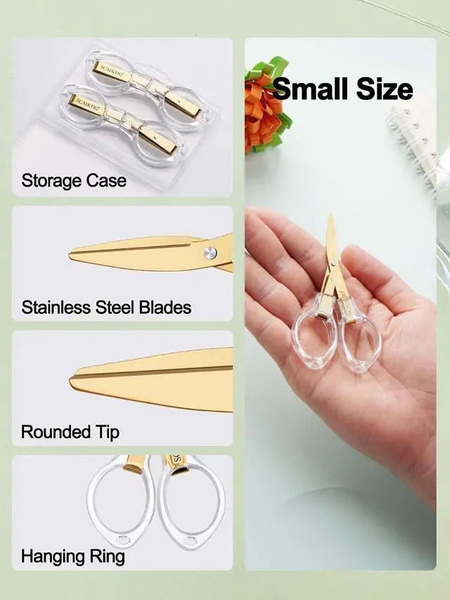 Alt view image 3 of 7 - SCAIKTIG 3.8 Folding Travel Scissors Set (2 Pcs), Safety Small Mini Foldable Scissors All Purpos, Clear Acrylic Comfort-Grip Handles, Gold Titanium Coated Blades for Craft, Sewing, Office Desk, Nurse