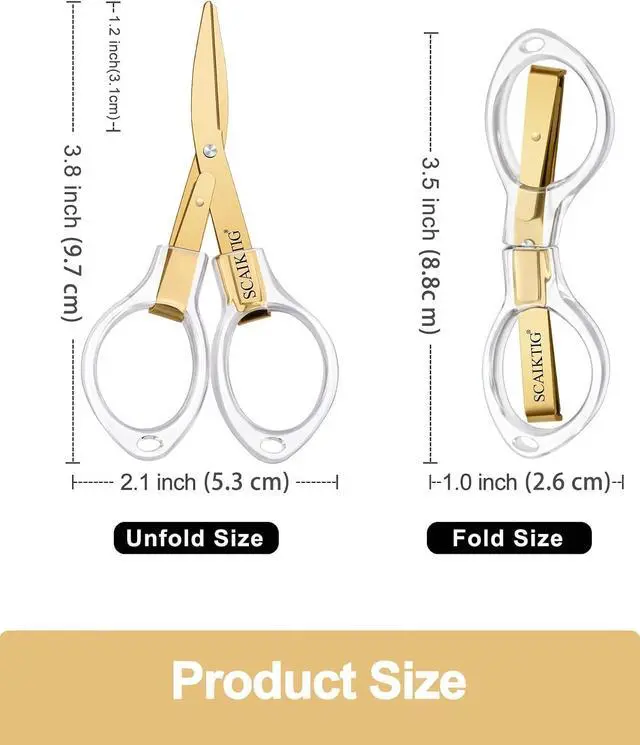 Alt view image 5 of 7 - SCAIKTIG 3.8 Folding Travel Scissors Set (2 Pcs), Safety Small Mini Foldable Scissors All Purpos, Clear Acrylic Comfort-Grip Handles, Gold Titanium Coated Blades for Craft, Sewing, Office Desk, Nurse