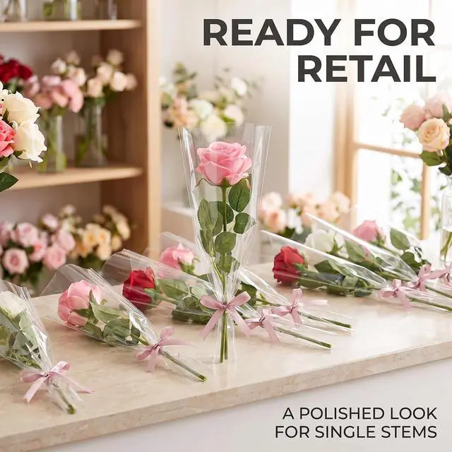 Alt view image 6 of 7 - 100 Pcs Clear Flower Bouquet Sleeves, Transparent Cellophane Bags for Valentine's Day Gifts, Wedding Floral Packaging, Rose Protectors, Food-Grade Plastic Wrap, Bulk Party Decorations (6x10in)