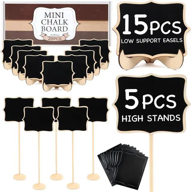 Main image of LotFancy 20 Pack Mini Chalkboard Signs with Support Easels and 10 Extra Stickers, Food Labels for Party Buffet Table, Weddings, Table Numbers, Message Board and Event Decorations