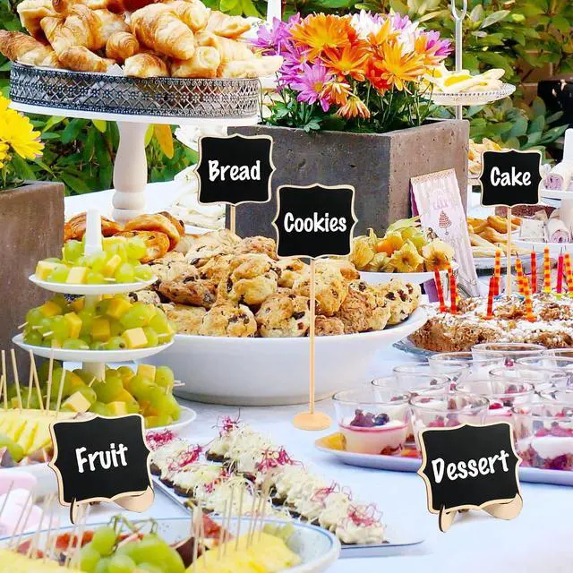 Alt view image 7 of 7 - LotFancy 20 Pack Mini Chalkboard Signs with Support Easels and 10 Extra Stickers, Food Labels for Party Buffet Table, Weddings, Table Numbers, Message Board and Event Decorations
