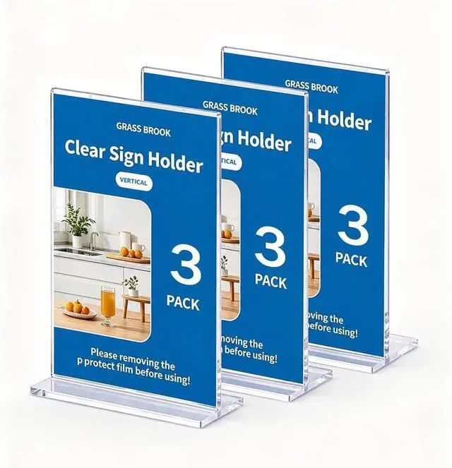 Main image of 3 Pack 8.5x11 Clear Acrylic Sign Holder, Clear Display, Stand By Straight or Tilted, Vertical Double-Sided Desktop Picture Frame, Menu Holder, Certificate Frame