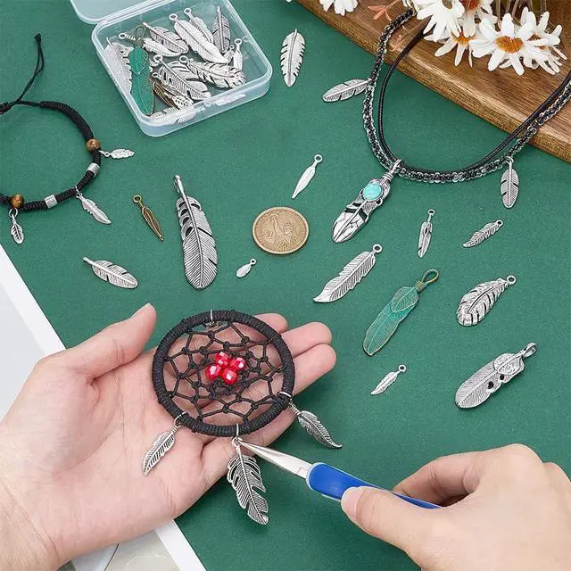 Alt view image 2 of 4 - PH PandaHall 38pcs 19 Styles Alloy Feather Charms for Jewelry Making Dream Catcher Feather Pendants, Boho Native American Jewelry Charms Leaf Pendants for DIY Necklace Bracelet Keychain