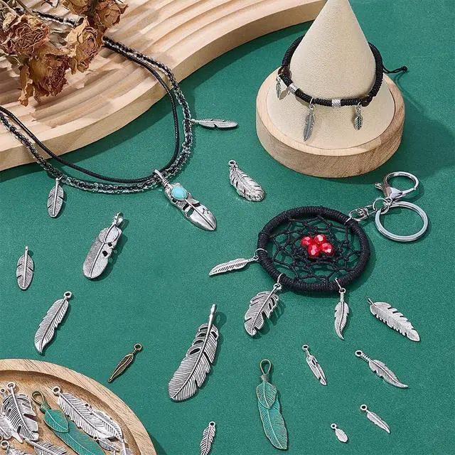 Alt view image 3 of 4 - PH PandaHall 38pcs 19 Styles Alloy Feather Charms for Jewelry Making Dream Catcher Feather Pendants, Boho Native American Jewelry Charms Leaf Pendants for DIY Necklace Bracelet Keychain