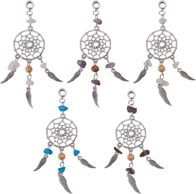 Main image of PH PandaHall 10pcs Dream Catcher Charm 5 Color Dangling Dreamcatcher Pendants Dreamcatcher Feather Charms Filigree Ethnic Ornament for Keyring Keychain Necklace Jewelry Making Antique Silver