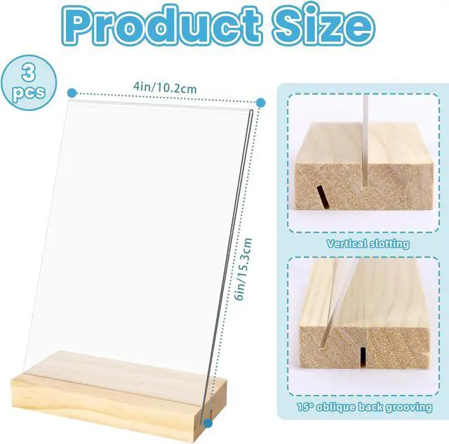 Alt view image 2 of 7 - Bercoor 3 Pack 4"x6" Acrylic Sign Holder with Wood Base, L/T Shape Vertical or Slant Back Display, Clear Plastic Flyer Display Stand for Wedding, Restaurant, Store, Hotel, Office