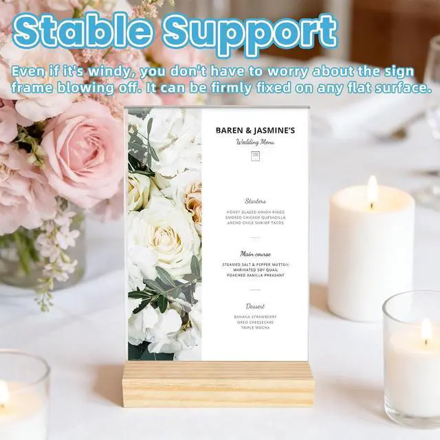 Alt view image 5 of 7 - Bercoor 3 Pack 4"x6" Acrylic Sign Holder with Wood Base, L/T Shape Vertical or Slant Back Display, Clear Plastic Flyer Display Stand for Wedding, Restaurant, Store, Hotel, Office