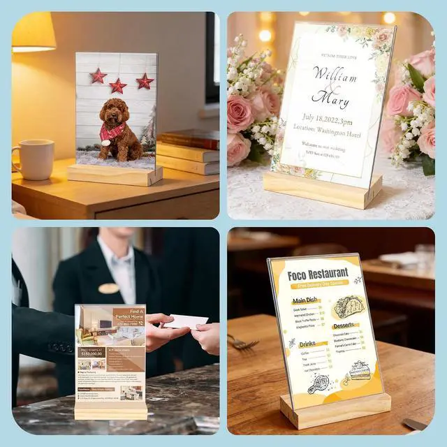 Alt view image 7 of 7 - Bercoor 3 Pack 4"x6" Acrylic Sign Holder with Wood Base, L/T Shape Vertical or Slant Back Display, Clear Plastic Flyer Display Stand for Wedding, Restaurant, Store, Hotel, Office