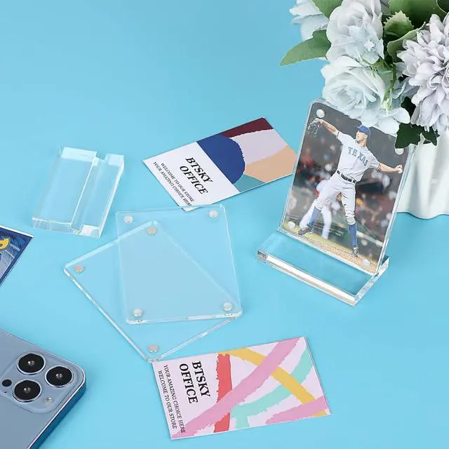 Alt view image 5 of 7 - BTSKY 2 Set Clear Acrylic Business Card Display Stand Fits 2.5x3.5 Inches Cards, Magnetic Card Easel Holders Case Durable Name Card Display Rack for Desk Mini Acrylic Picture Frames for Home & Office