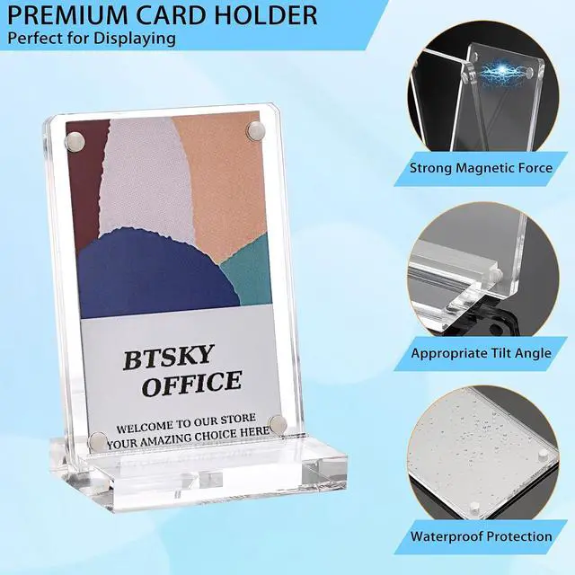 Alt view image 6 of 7 - BTSKY 2 Set Clear Acrylic Business Card Display Stand Fits 2.5x3.5 Inches Cards, Magnetic Card Easel Holders Case Durable Name Card Display Rack for Desk Mini Acrylic Picture Frames for Home & Office