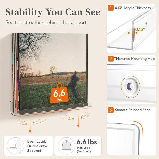 Alt view image 4 of 7 - Lifewit Narrow Acrylic Floating Shelves for Vinyl Record 12", Clear 6 Pack