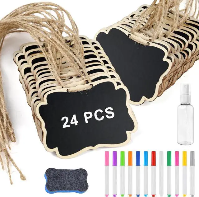 Main image of NEBURORA 24 Pcs Mini Erasable Wood Chalkboard Signs with Hanging String Reusable Double-Sided Blackboards for Message Boards Hanging Signs Price Labels Table Numbers Plant Name Tags