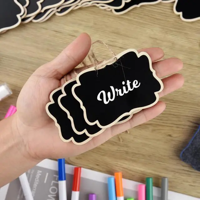Alt view image 3 of 7 - NEBURORA 24 Pcs Mini Erasable Wood Chalkboard Signs with Hanging String Reusable Double-Sided Blackboards for Message Boards Hanging Signs Price Labels Table Numbers Plant Name Tags