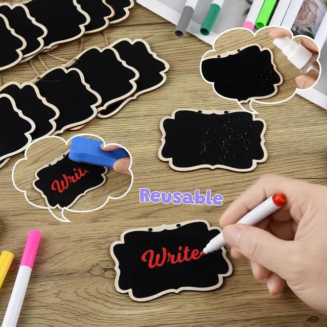 Alt view image 4 of 7 - NEBURORA 24 Pcs Mini Erasable Wood Chalkboard Signs with Hanging String Reusable Double-Sided Blackboards for Message Boards Hanging Signs Price Labels Table Numbers Plant Name Tags