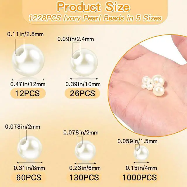 Alt view image 2 of 7 - 1228 Pieces Pearl Beads for Jewelry Making, 5 Sizes (4mm, 6mm, 8mm, 10mm, 14mm) Round Acrylic Imitation Pearls with Holes for Bracelets, Necklaces, Crafts, Vase Fillers