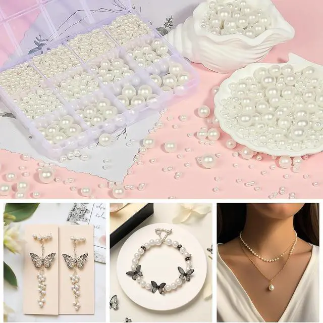 Alt view image 3 of 7 - 1228 Pieces Pearl Beads for Jewelry Making, 5 Sizes (4mm, 6mm, 8mm, 10mm, 14mm) Round Acrylic Imitation Pearls with Holes for Bracelets, Necklaces, Crafts, Vase Fillers