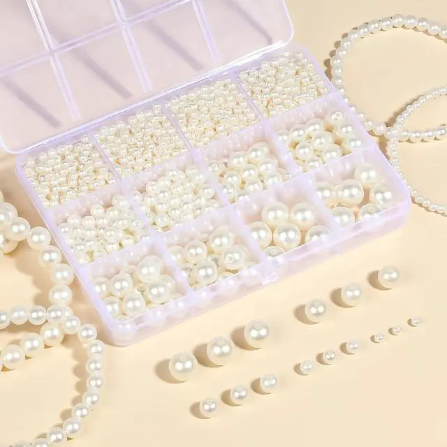 Alt view image 6 of 7 - 1228 Pieces Pearl Beads for Jewelry Making, 5 Sizes (4mm, 6mm, 8mm, 10mm, 14mm) Round Acrylic Imitation Pearls with Holes for Bracelets, Necklaces, Crafts, Vase Fillers
